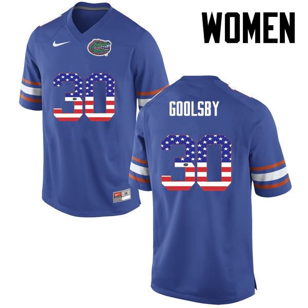 Women's NCAA Florida Gators DeAndre Goolsby #30 Stitched Authentic USA Flag Fashion Nike Blue College Football Jersey IPU2765AM